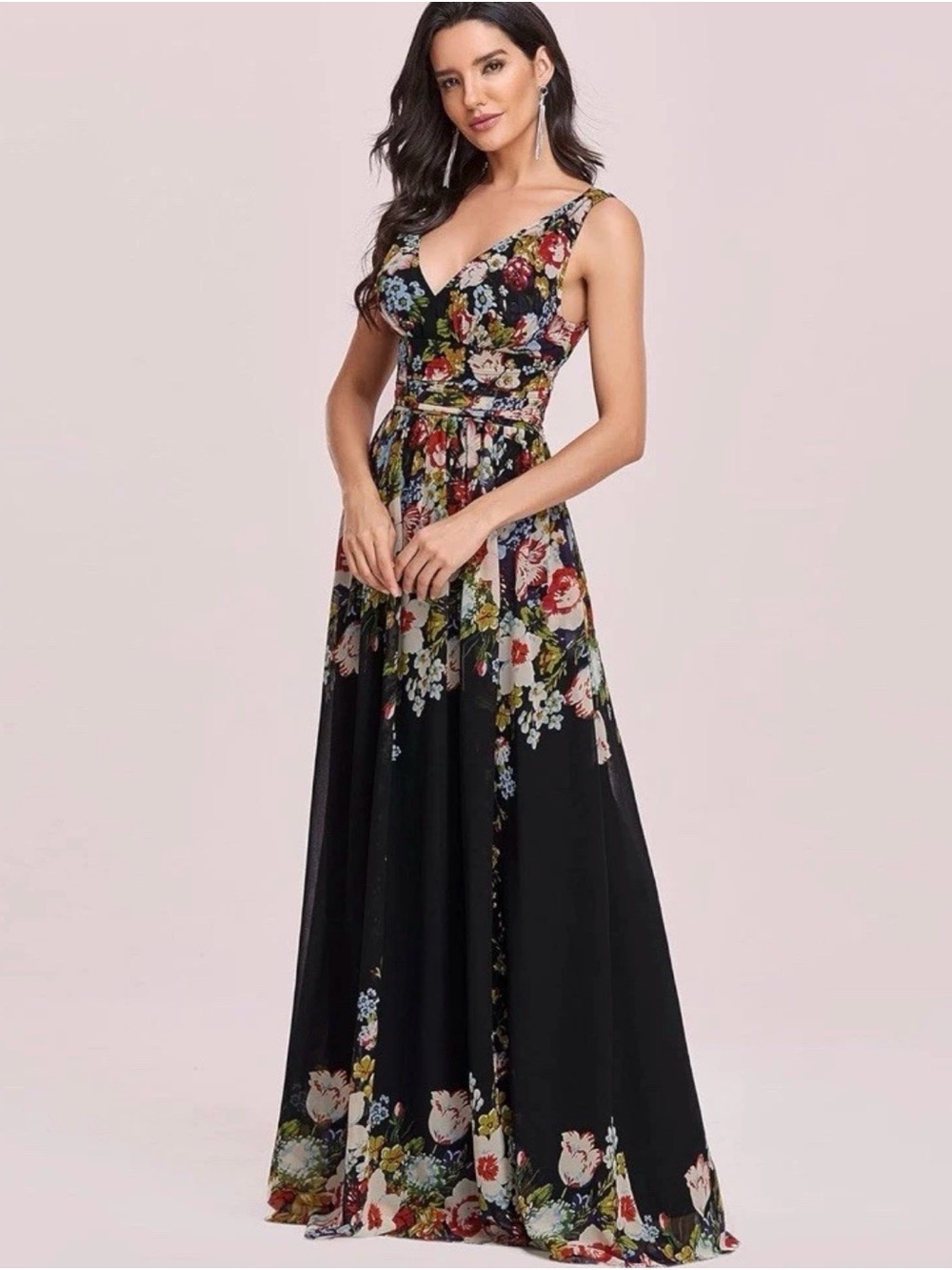Ever Pretty Black Floral V-Neck Maxi Dress with Multicolor Blooms